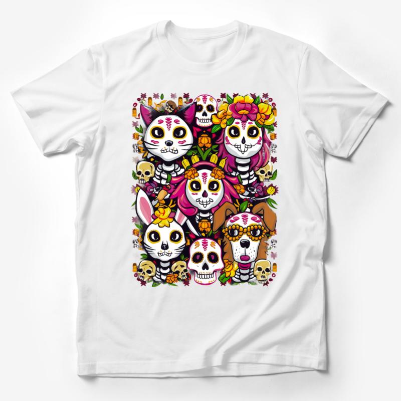 Colorful Animal Sugar Skull T-Shirt, Day of the Dead Inspired Tee, Vibrant Mexican Tradition, Unisex Clothing, Gift for Him and Her Male T-Shirt