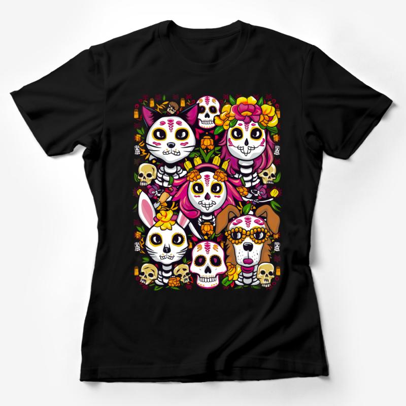 Colorful Animal Sugar Skull T-Shirt, Day of the Dead Inspired Tee, Vibrant Mexican Tradition, Unisex Clothing, Gift for Him and Her Female T-Shirt