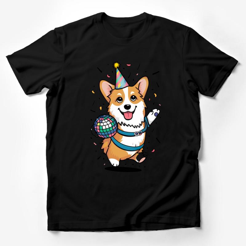 Party Corgi T-Shirt, Cute Dog with Disco Ball, Birthday Hat Graphic Tee, Unisex Fun Animal Shirt, Gift for Dog Lovers Male T-Shirt