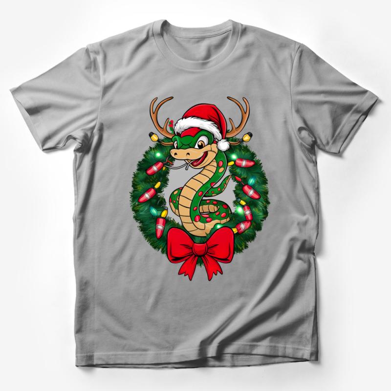 Holiday Snake Wreath T-Shirt, Festive Christmas Reptile, Funny Santa Hat Tee, Unique Xmas Gift Idea, Unisex Clothing Male T-Shirt