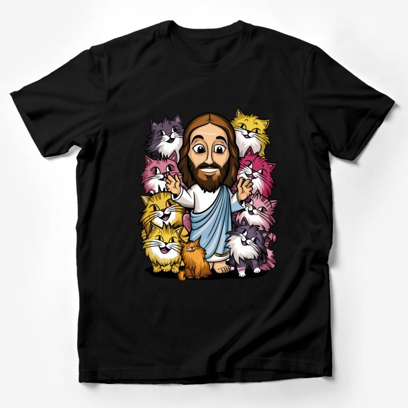 Cartoon Jesus With Cats T-Shirt, Christian Faith Feline Lover Tee, Cute Cats Graphic Shirt, Unisex Adult Clothing Male T-Shirt