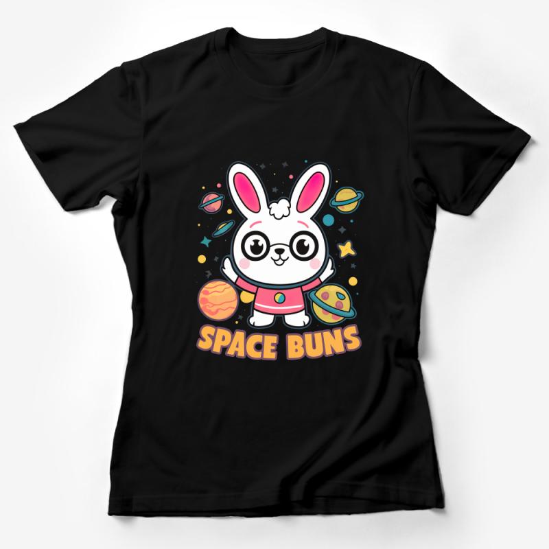 Space Buns Bunny T-Shirt, Cute Rabbit Astronaut Cartoon Tee, Unisex Kids and Adult Sizes, Galaxy Themed Apparel Female T-Shirt