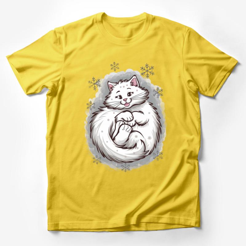 Cute White Cat T-Shirt, Fluffy Kitten Graphic Tee, Snowflakes Animal Lover Gift, Soft Cotton Unisex Casual Top, Cozy Pet Illustration Shirt Male T-Shirt