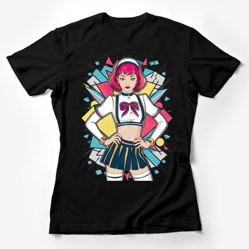 Retro Pop Art Cheerleader T-Shirt, Vintage Comic Girl Graphic Tee, Fashionable Casual Women's Top, Colorful Funky Shirt Design Female T-Shirt