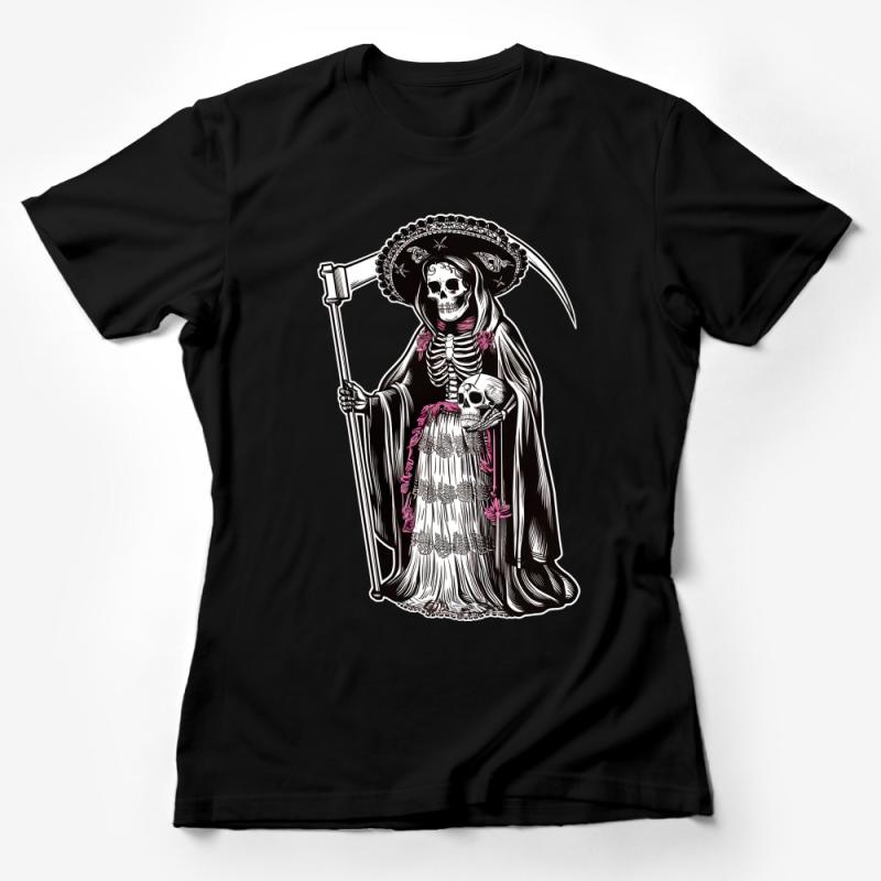 Gothic Skeleton Saint Graphic Tee, Dark Aesthetic Unisex T-Shirt, La Santa Muerte Inspired Top, Mystical Skull Apparel, Unique Gift Idea Female T-Shirt