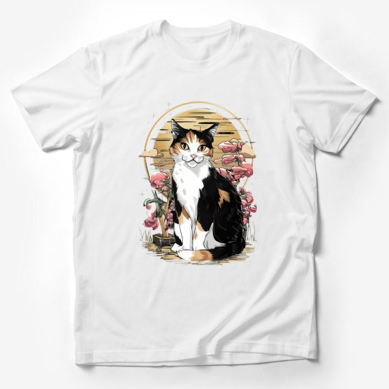 Calico Cat Art T-Shirt, Floral Background, Pet Lover Gift, Casual Wear, Unisex Tee, Cat Illustration, Nature-inspired, Soft Cotton Top Male T-Shirt