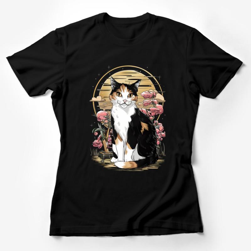 Calico Cat Art T-Shirt, Floral Background, Pet Lover Gift, Casual Wear, Unisex Tee, Cat Illustration, Nature-inspired, Soft Cotton Top Female T-Shirt