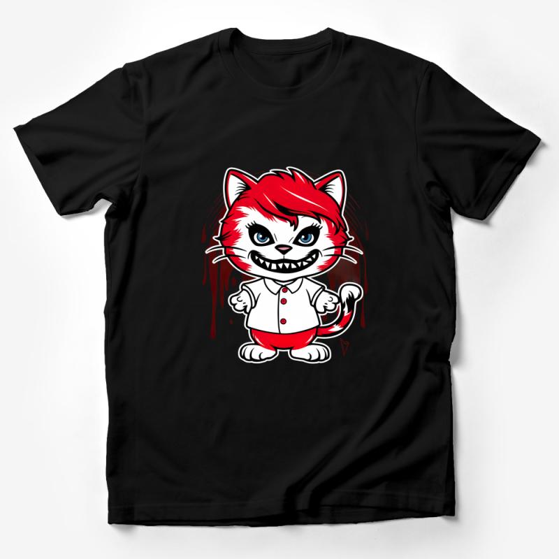 Cartoon Cat T-Shirt, Red Funky Feline Graphic Tee, Unique Animal Design Top, Cool Casual Shirt Male T-Shirt