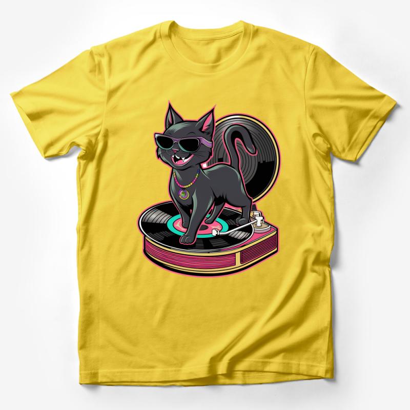 Cool Cat DJ Graphic Tee, Funky Black Cat with Sunglasses on Turntable T-Shirt, Music Lover Unisex Shirt Gift Male T-Shirt