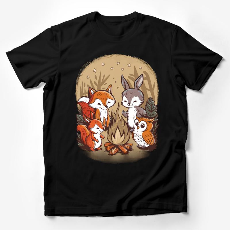 Woodland Animals Campfire Graphic Tee, Cute Fox Owl Rabbit Unisex T-Shirt, Nature Inspired Casual Wear for All Ages Male T-Shirt