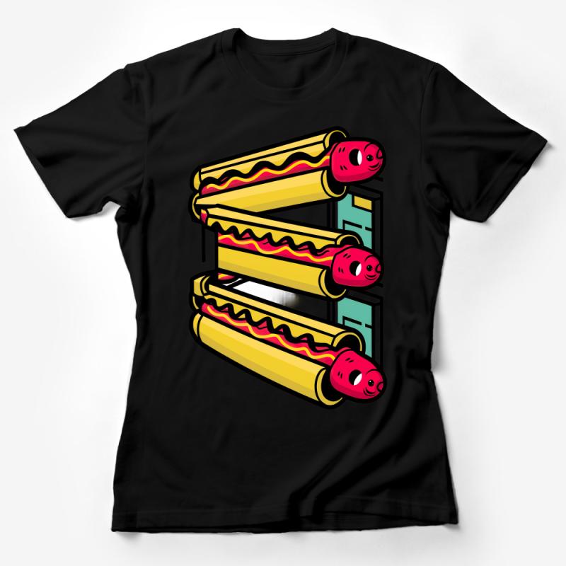 Quirky Hot Dog Stack T-Shirt, Fun Food Graphic Tee, Colorful Cartoon Hot Dogs, Unisex Shirt for Casual Wear Female T-Shirt