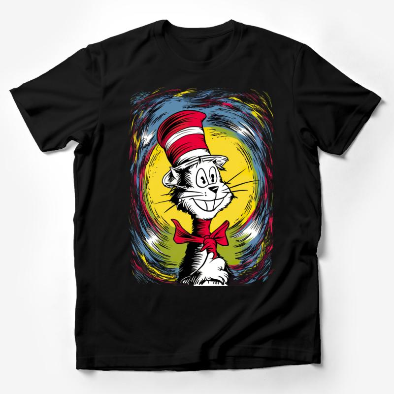 Whimsical Cat in Hat Illustration, Unisex T-Shirt, Colorful Graphic Tee, Casual Wear for Book Lovers, Unique Gift Idea, All Sizes Male T-Shirt