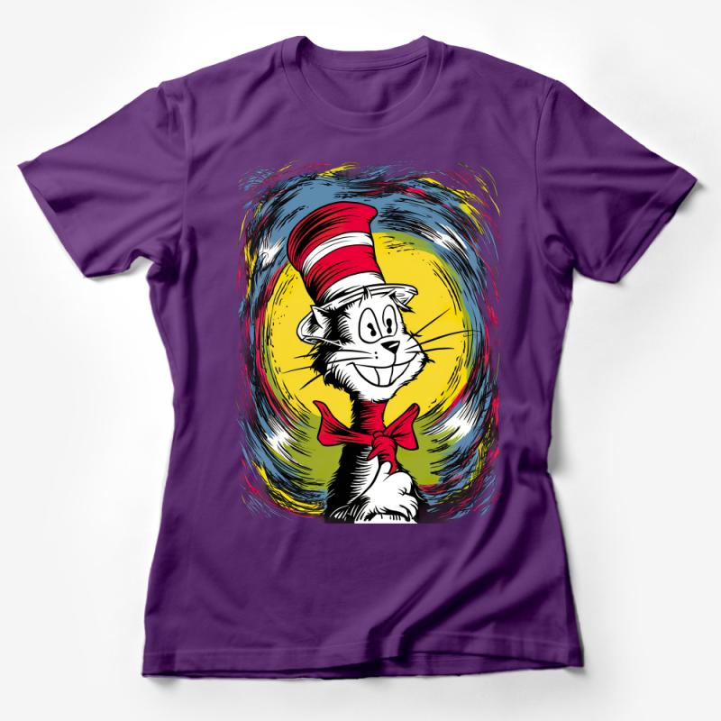 Whimsical Cat in Hat Illustration, Unisex T-Shirt, Colorful Graphic Tee, Casual Wear for Book Lovers, Unique Gift Idea, All Sizes Female T-Shirt