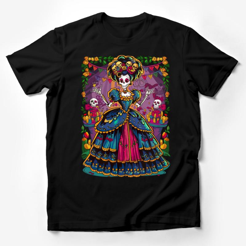 Colorful Dia de los Muertos Shirt, Sugar Skull Lady Graphic Tee, Mexican Folklore Halloween T-Shirt, Vibrant Skull Art Clothing Male T-Shirt