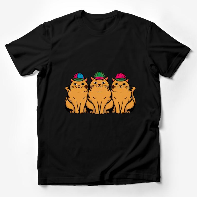 Cat Trio T-Shirt, Cute Cats with Baseball Caps, Colorful Pet Cartoon Graphic Tee, Unisex Adult Clothing Male T-Shirt