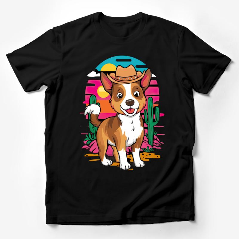 Cute Corgi Cowboy T-Shirt, Colorful Desert Sunset Dog Tee, Unisex Animal Lover Shirt, Vibrant Western Pet Apparel Male T-Shirt