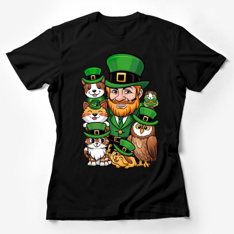 St. Patrick's Day T-Shirt, Cute Animals In Leprechaun Hats, Festive Irish Clothing, Unisex Adult Graphic Tee, Colorful Owl, Dog, Cat Female T-Shirt