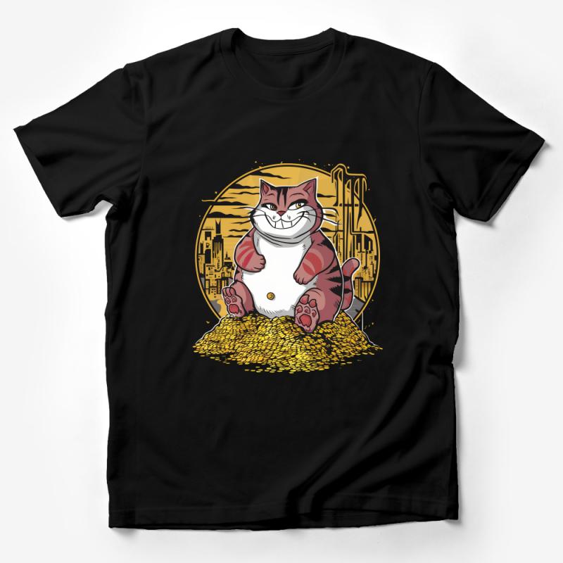 Funny Cat T-Shirt, Cartoon Feline Mogul Tee, Urban Skyline, Cute Wealthy Kitty Top, Unisex Graphic Shirt, Animal Lover Gift Male T-Shirt