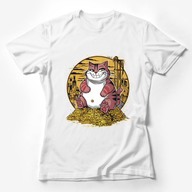 Funny Cat T-Shirt, Cartoon Feline Mogul Tee, Urban Skyline, Cute Wealthy Kitty Top, Unisex Graphic Shirt, Animal Lover Gift Female T-Shirt