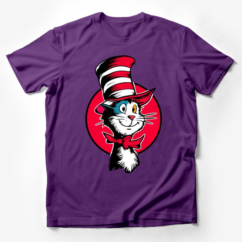 Cat in Hat T-Shirt, Classic Cartoon Cat, Red and Black Top, Unisex Graphic Tee, Casual Wear, Gift for Cat Lovers, All Sizes Male T-Shirt