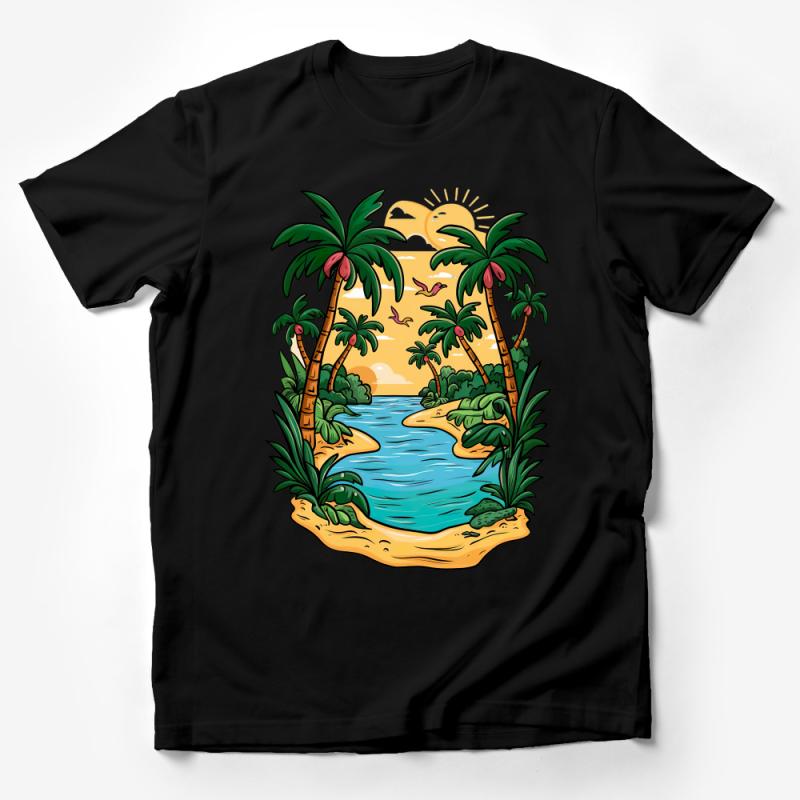 Tropical Paradise Beach Sunset T-Shirt, Palm Trees Graphic Tee, Unisex Summer Vacation Shirt, Casual Wear Male T-Shirt