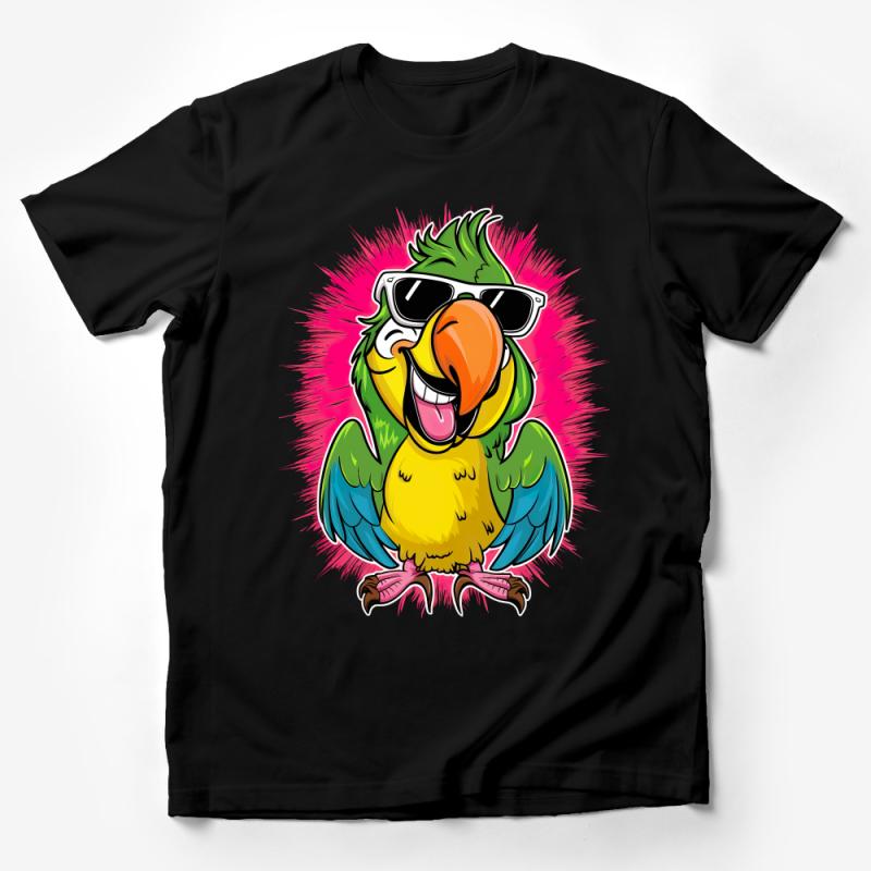 Colorful Parrot Graphic Tee, Cool Bird with Sunglasses T-Shirt, Unisex Summer Party Shirt, Casual Wildlife Apparel Male T-Shirt