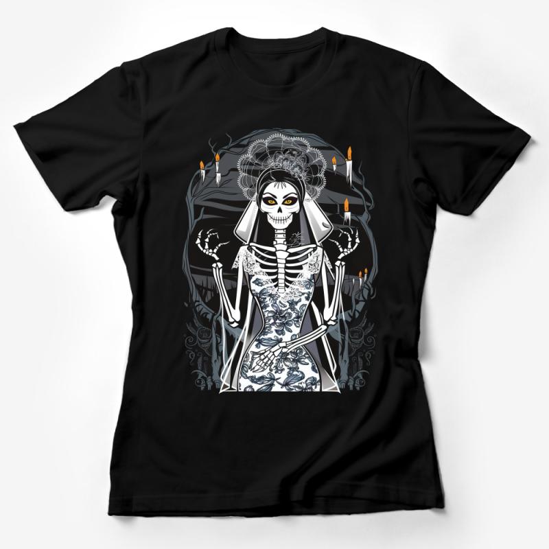 Gothic Bride T-Shirt, Spooky Skeleton Lady with Candles, Halloween Costume Tee, Dark Fantasy Artwork, Dia de Muertos Fashion Top Female T-Shirt