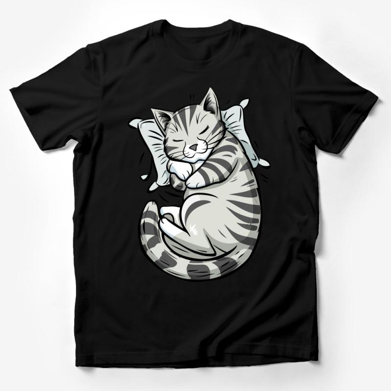 Cute Sleeping Cat T-Shirt, Cozy Feline Lover Tee, Unisex Graphic Shirt, Casual Pet Illustration Top, Cat Mom Gift Idea Male T-Shirt