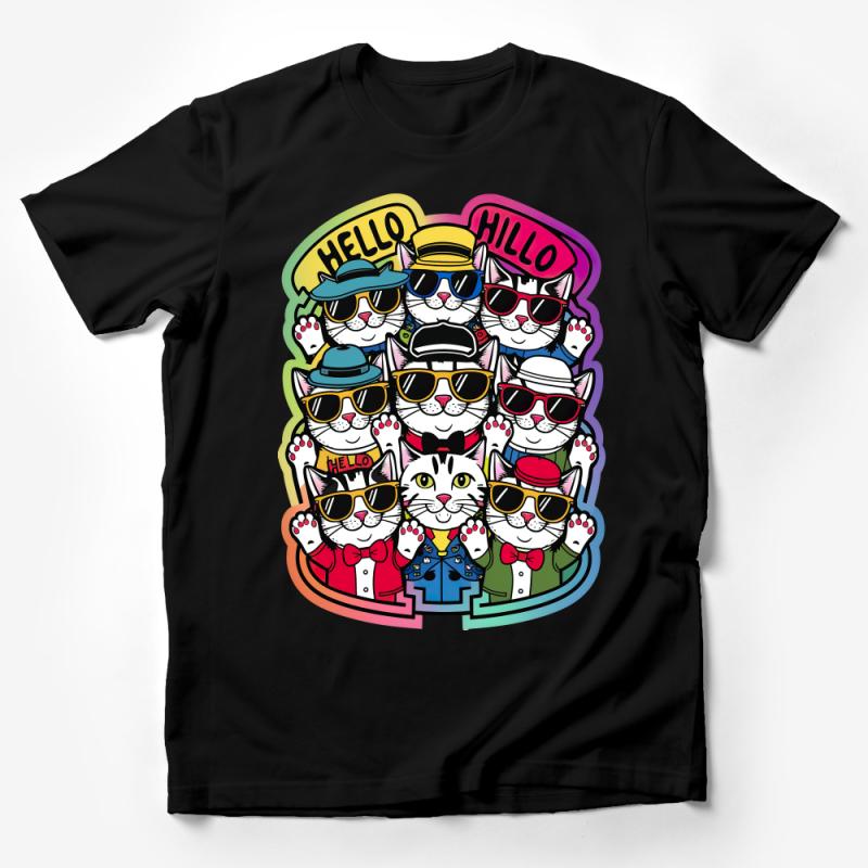 Funky Cat T-Shirt, Colorful Cartoon Cats Saying Hello, Unisex Graphic Tee, Quirky Animal Shirt, Hipster Cats Casual Top, Fun Cat Lovers Gift Male T-Shirt