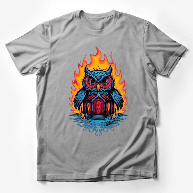 Fiery Owl and Enchanted House Graphic T-Shirt, Colorful Fantasy Art Tee, Bold Unique Streetwear, Unisex Casual Shirt for All Ages Male T-Shirt