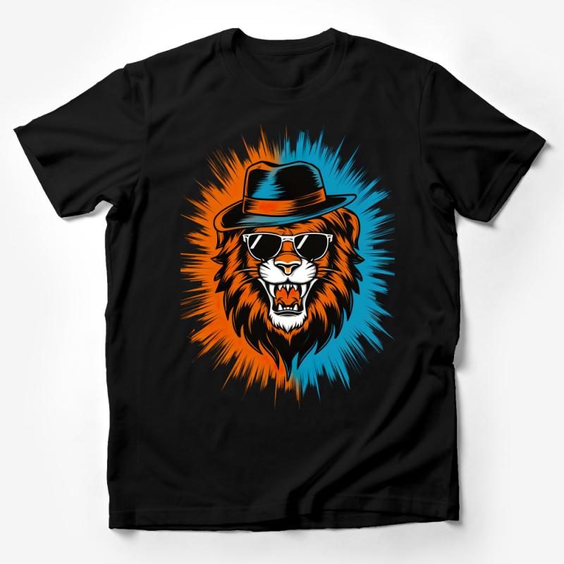 Cool Lion with Sunglasses and Hat Graphic Tee, Hipster Lion T-Shirt, Unisex Casual Animal Print Shirt, Street Style Fashion Top Male T-Shirt