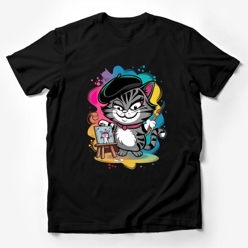 Artist Cat T-Shirt, Cute Painter Kitty with Beret, Creative Animal Tee, Colorful Cat Lover Gift, Unisex Graphic Tee for All Ages Male T-Shirt