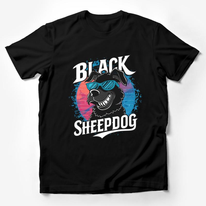 Black Sheepdog Graphic T-Shirt, Cool Dog with Sunglasses Tee, Pet Lover Retro Style Shirt, Unisex Fashion Top for All Ages Male T-Shirt