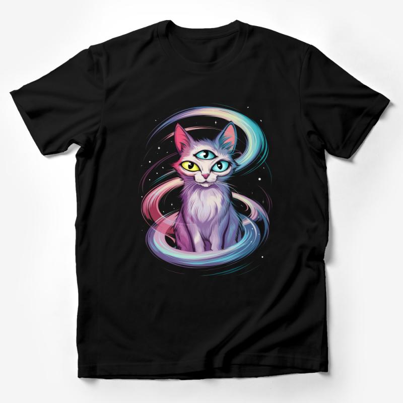 Colorful Cat T-Shirt, Whimsical Feline Art Tee, Abstract Animal Graphic Top, Rainbow Cat Lover Gift Male T-Shirt