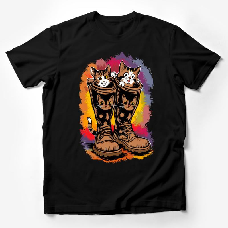 Cute Cat Family in Boots Graphic Tee, Colorful Feline Art T-Shirt, Unique Cat Lovers Gift Idea Male T-Shirt