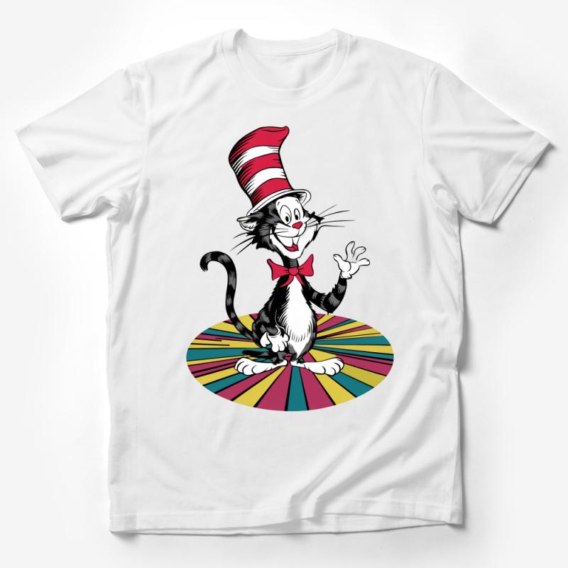 Colorful Cat in Hat T-Shirt, Whimsical Funny Cat Tee, Vibrant Kids and Adult Sizes, Casual Party Shirt, Unique Graphic Tee Male T-Shirt