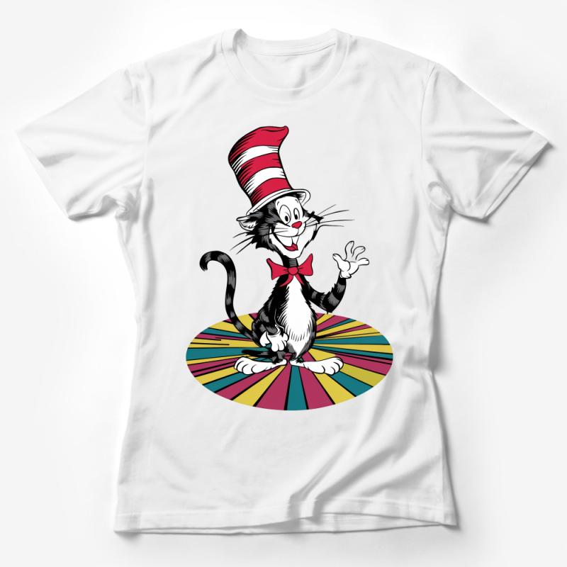 Colorful Cat in Hat T-Shirt, Whimsical Funny Cat Tee, Vibrant Kids and Adult Sizes, Casual Party Shirt, Unique Graphic Tee Female T-Shirt