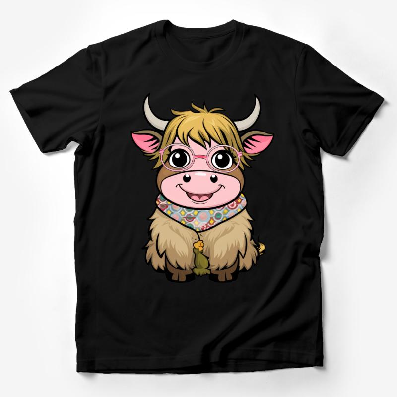 Cute Highland Cow T-Shirt with Glasses, Kids and Adults Animal Print Tee, Fun Farmyard Graphic Shirt, Unique Gift Idea Male T-Shirt