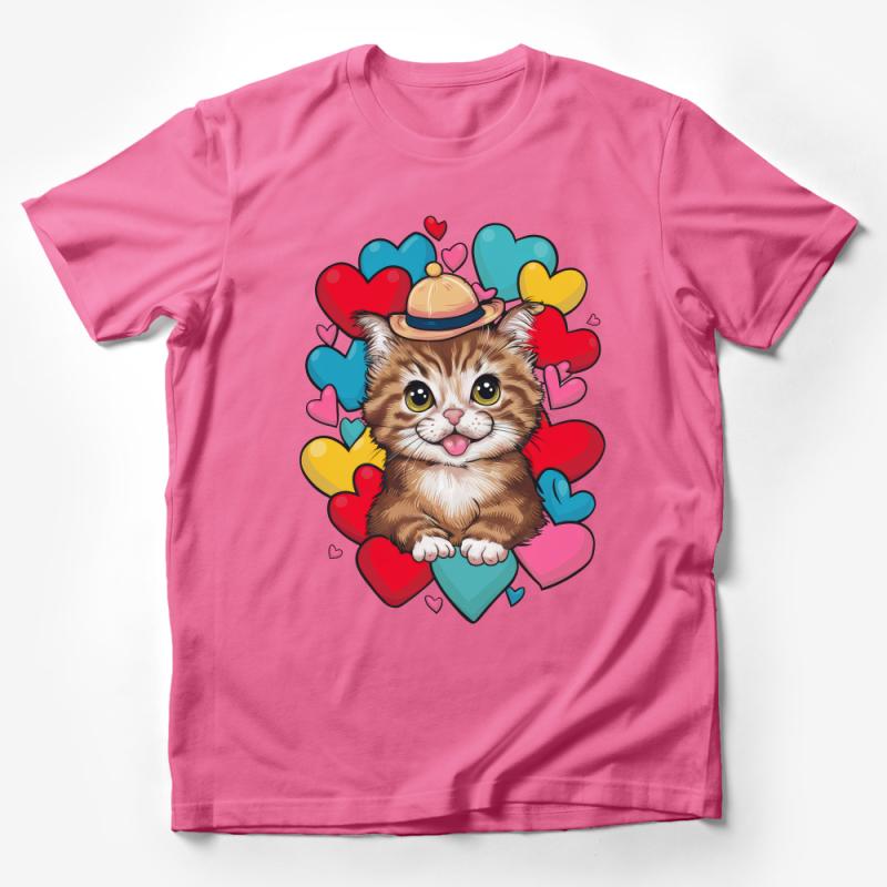 Cute Cat T-Shirt with Colorful Hearts and Hat, Kitten Lover Tee, Unisex Graphic Shirt, Casual Pet Art Top, Gift for Cat Owners Male T-Shirt