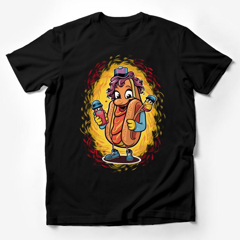 Fun Hot Dog Cartoon Character T-Shirt, Graphic Tee for Foodies, Quirky Street Food Fashion, Colorful Shirt Design Male T-Shirt