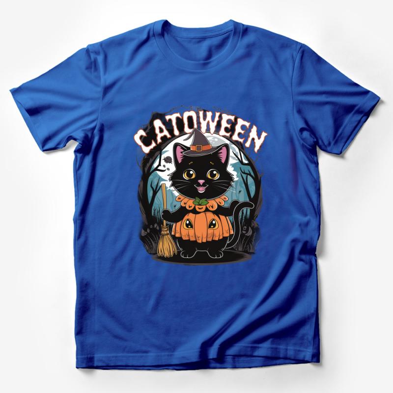 Catoween Halloween T-Shirt, Cute Black Cat in Pumpkin Outfit, Spooky Witch, Funny October Tee, Unisex Graphic Shirt for Cat Lovers Male T-Shirt