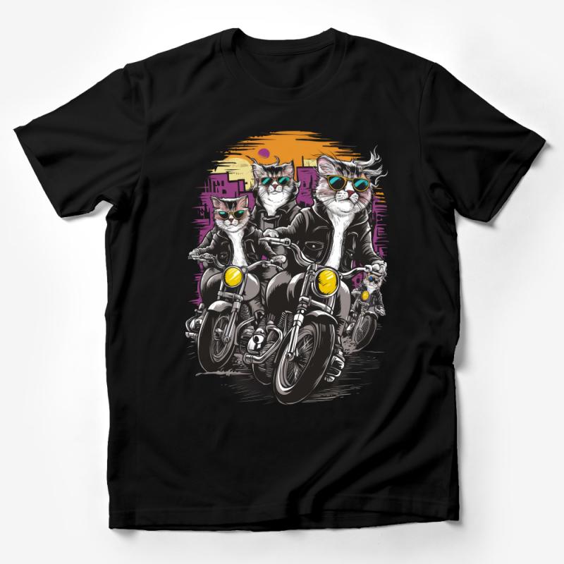 Cool Cat Biker Gang T-Shirt, Urban Cat Motorcycle Crew Tee, Hipster Cats with Sunglasses Top Male T-Shirt