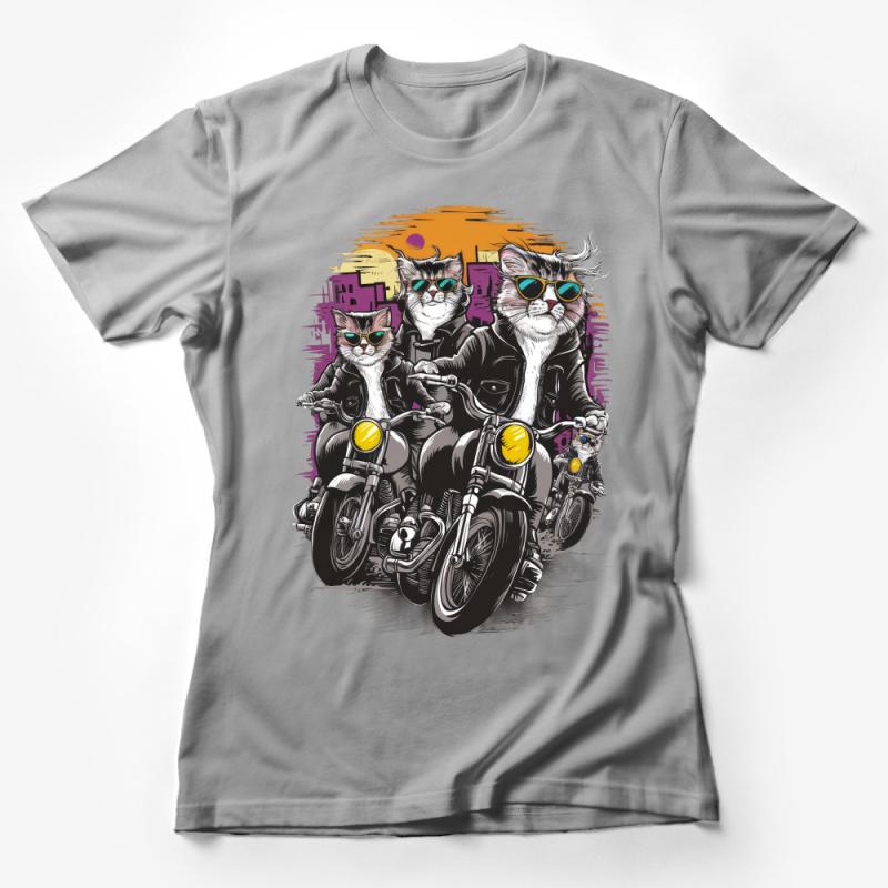 Cool Cat Biker Gang T-Shirt, Urban Cat Motorcycle Crew Tee, Hipster Cats with Sunglasses Top Female T-Shirt