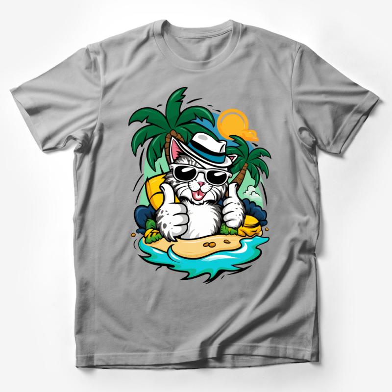 Tropical Cat T-Shirt, Funny Cat Lover Beach Party Tee, Summer Vacation Shirt, Cool Cat with Sunglasses and Hat Top Male T-Shirt