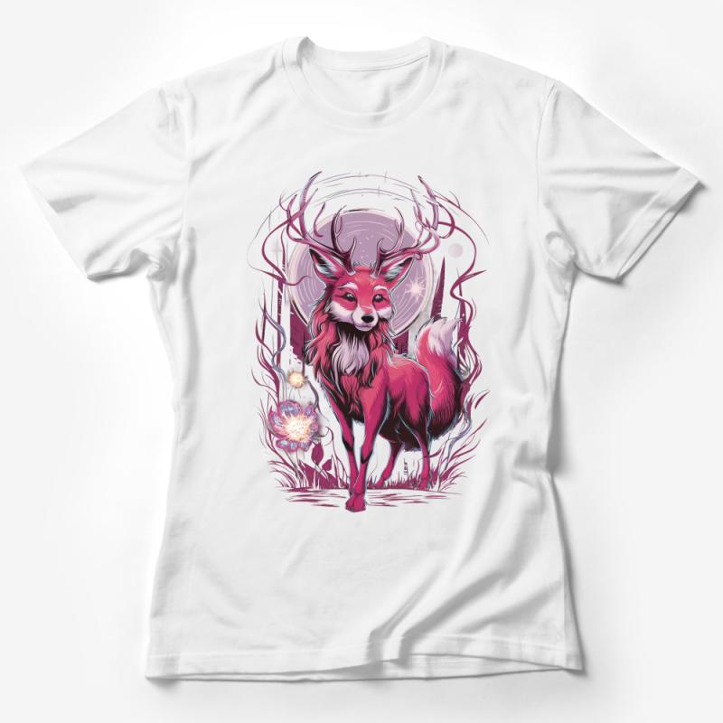 Mystic Deer Graphic Tee, Nature-Inspired Red Stag T-Shirt, Fantasy Animal Artwork Clothing, Moon and Forest Illustration Unisex Shirt Female T-Shirt