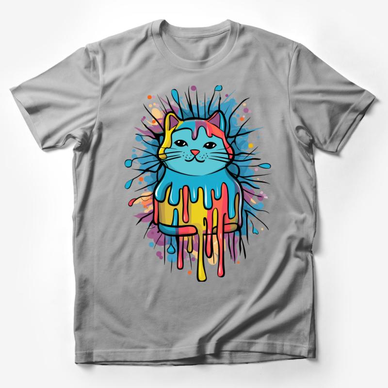 Colorful Dripping Paint Cat T-Shirt, Artistic Animal Graphic Tee, Unisex Fashion Top, Casual Wear for Cat Lovers Male T-Shirt