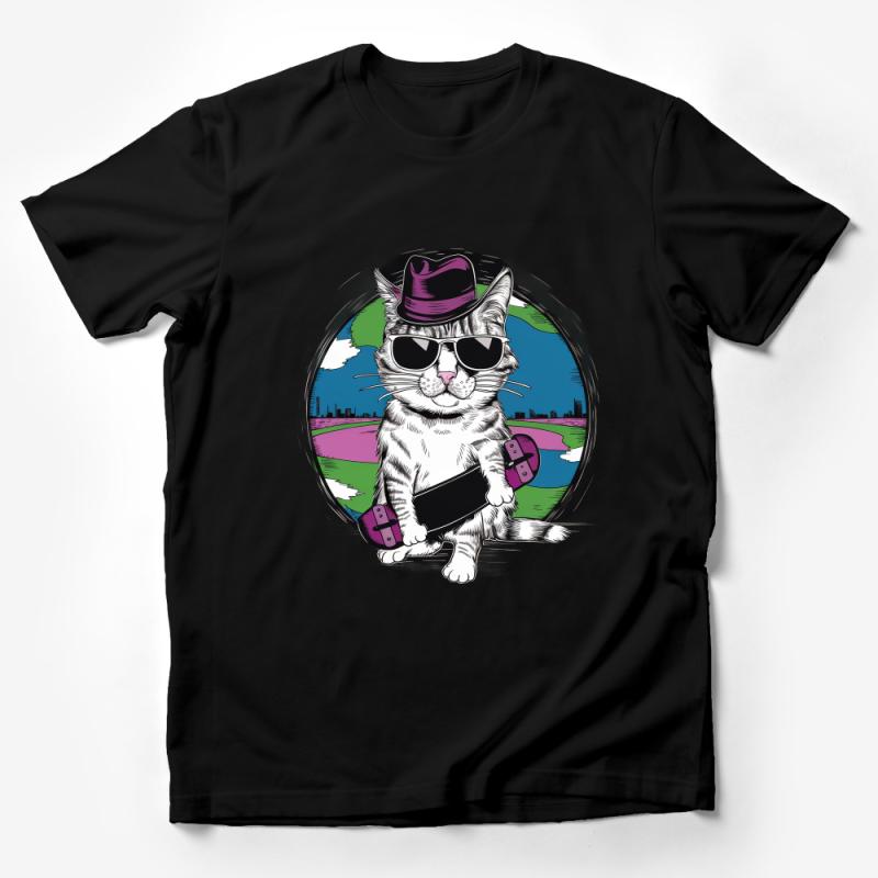 Cool Cat with Hat and Sunglasses Skateboarding Urban T-Shirt, Hipster Cat Tee, Graphic Shirt for Cat Lovers, Unique Style Top Male T-Shirt