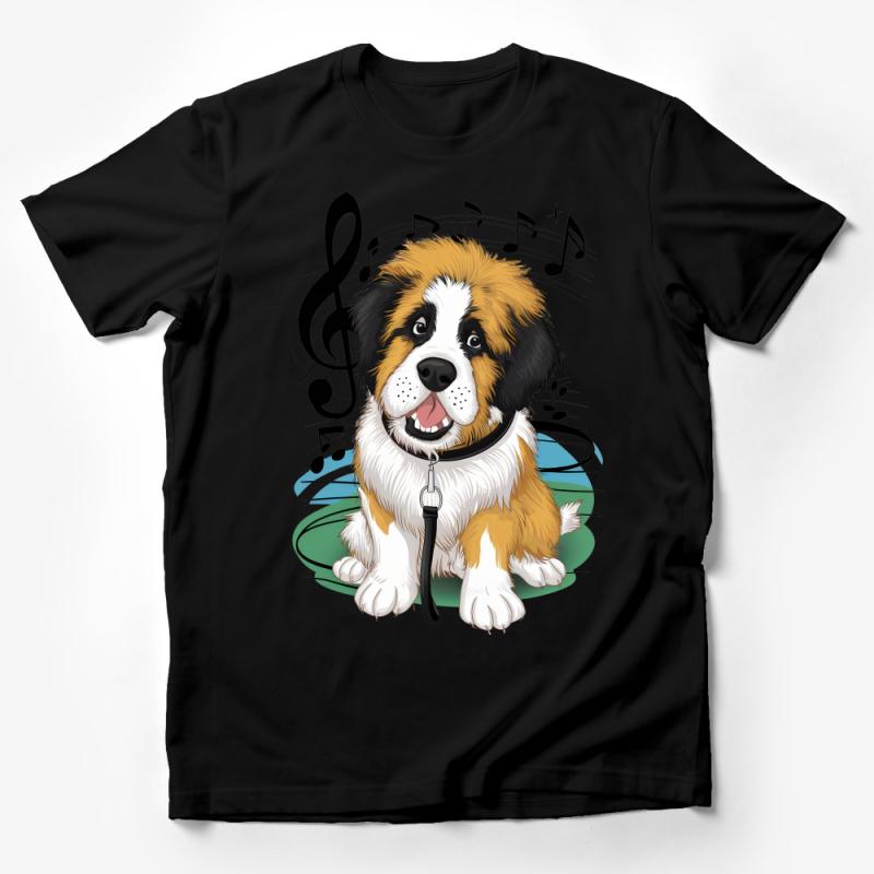 Cute Musical Puppy T-Shirt, Cartoon Saint Bernard Dog with Notes, Dog Lover Tee, Unisex Adult Clothing, Gift for Music Fans Male T-Shirt