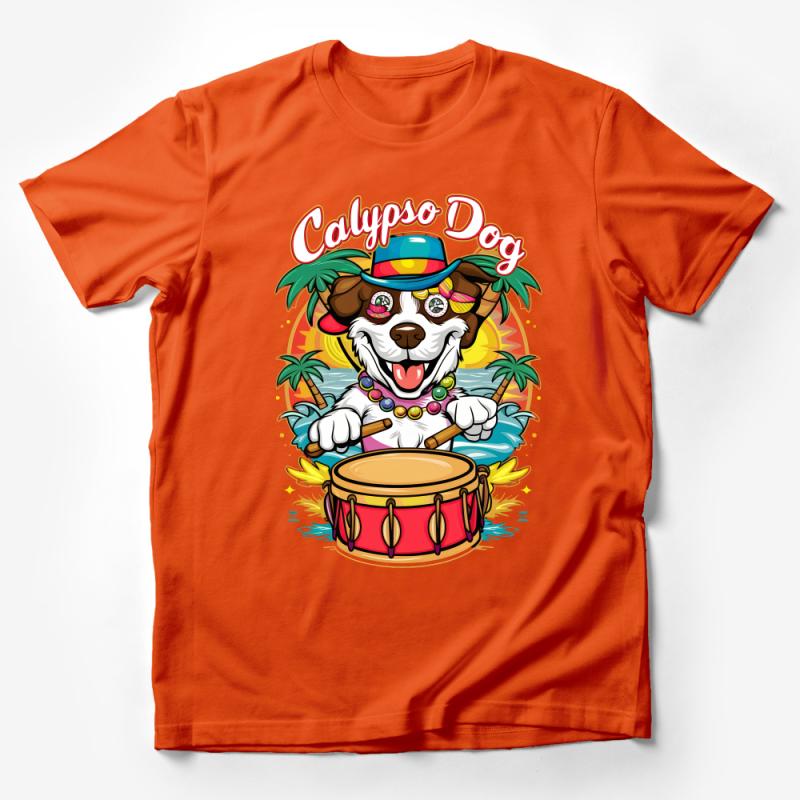 Tropical Calypso Dog T-Shirt, Cartoon Dog Drummer Tee, Cute Animal Music Lover Shirt, Colorful Pet Illustration Top, Summer Beachwear Male T-Shirt