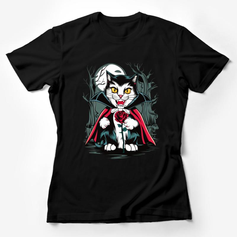 Gothic Vampire Cat T-Shirt, Funny Halloween Kitty with Rose, Dracula Cat Tee, Spooky Feline Fashion, Unisex Graphic Shirt Female T-Shirt